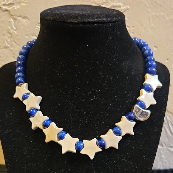 Vintage 1970's-80's Signed Flying Colors Brand Ceramic Bead Moon Stars Necklace - Picture 1 of 7